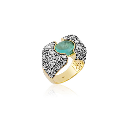 Pré-venda Anel Ouro Amarelo 18k Diamantes e Esmeralda ou Turmalina Rosa